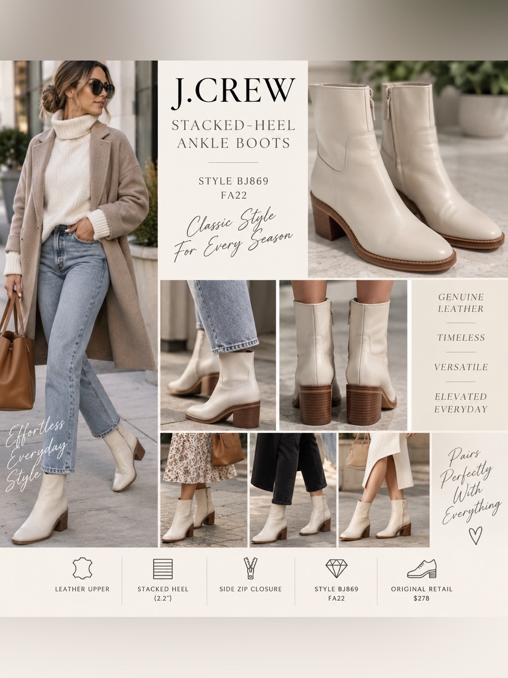 J.Crew Stacked Heel Leather Ankle Boots Size 8 Cream FA22 $278